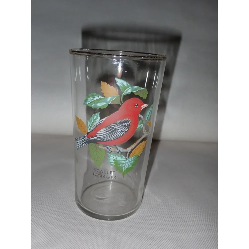 5 Vintage West Virginia Glass Co MCM American Songbird Glasses gold rim Tumblers